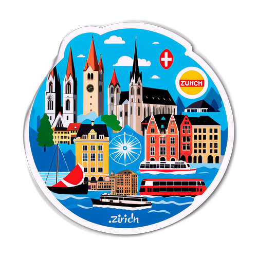 Kollasj klistremerke av berømte landemerker fra Zürich