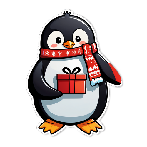 可愛的企鵝穿著冬季毛衣，拿著紅色禮物盒貼紙
