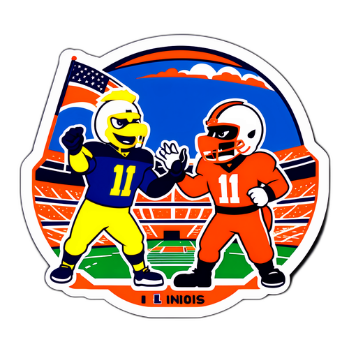 Design a sticker celebrating the rivalry of Michigan vs Illinois, featuring mascots facing each other with a stadium in the background.