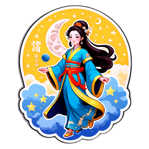 设计一个贴纸：迪丽热巴作为嫦娥，穿着经典云朵服饰，装饰着星星和月亮，旁边有文字：“国风巅峰。” 
