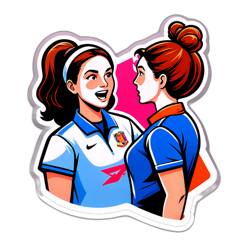 Sticker van een vrouwelijke coach die haar team aanmoedigt met een tactiekbord