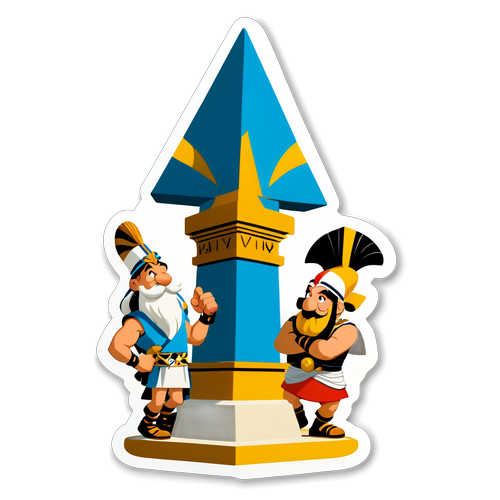 Une illustration d'Astérix et Obélix portant un monument égyptien avec le mot 'Aventure' en haut