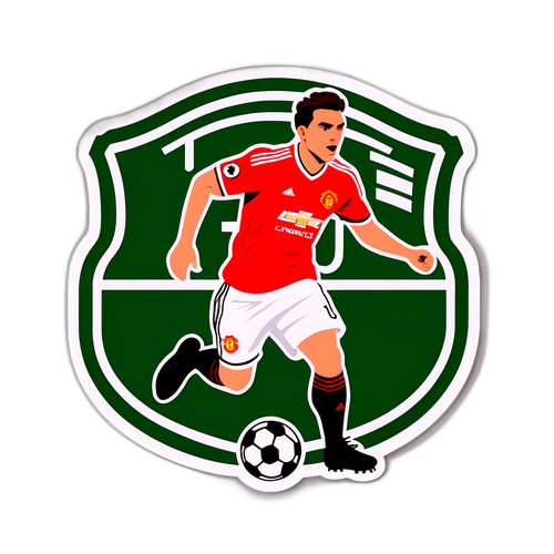 Sticker med Man U-logga mellan en fotboll och en fotbollsplan