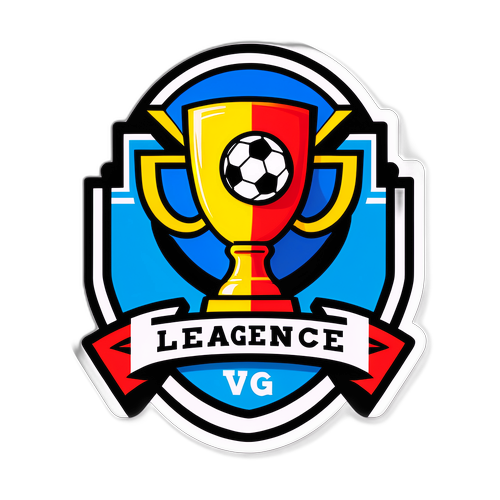 Дизайн наклейки для Лиги Конференций с трофеем и футбольным полем, с эмблемами команд