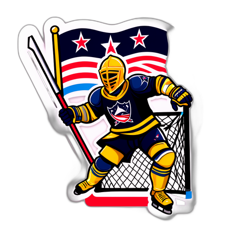 Golden Knight Leaping Through Goalpost with Blue Jackets Flag