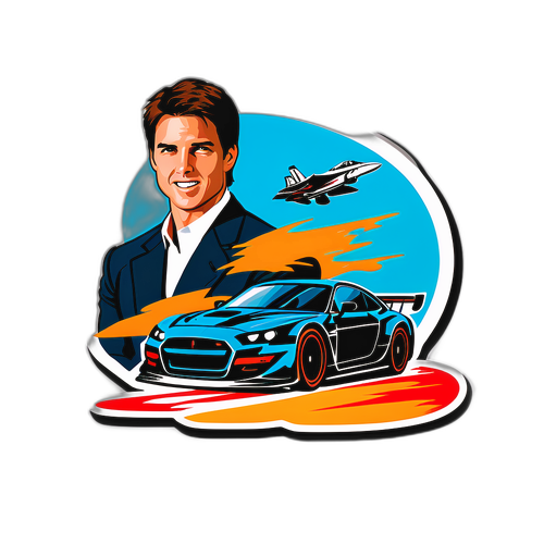Desen simplu cu Tom Cruise și siluete de mașini de curse, zboruri și aventuri