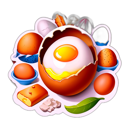 Un œuf avec une coquille fissurée, entouré d'illustrations d'ingrédients de pâtisserie