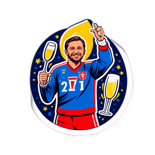 Ilustrace Jana Punčocháře oslavujícího vítězství s fanoušky a šampaňským