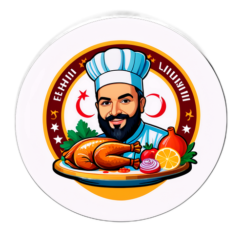 Un autocollant créatif célébrant la carrière d'Ibrahim Yildiz avec des éléments de la cuisine turque