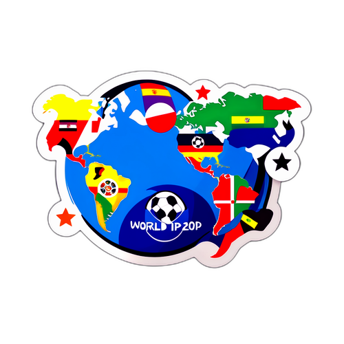 Sticker van een wereldkaart met verschillende voetballen en de tekst 'World Cup 2026'