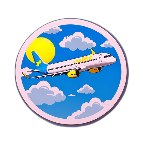 Autocollant d'un avion stylisé Vueling avec des nuages et un ciel bleu