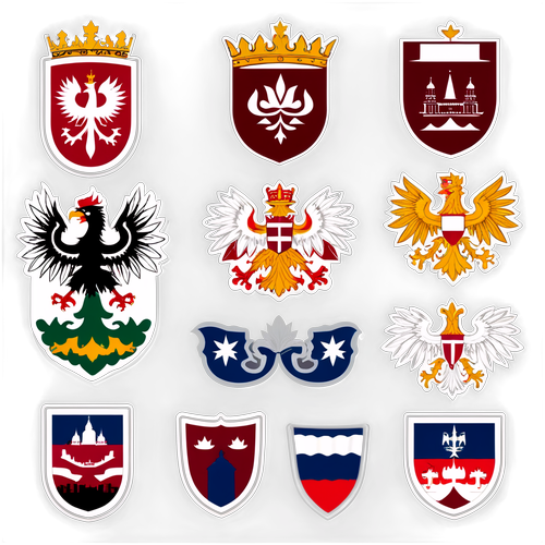Různé erby lotyšské a slovenské kultury na pozadí městských panoramat
