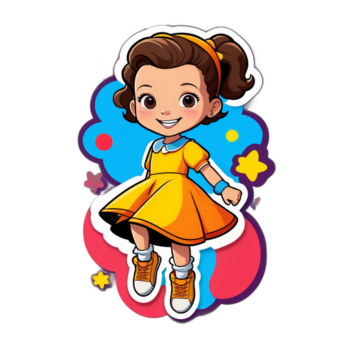 Стикер Милли Бобби Браун в костюме Эль, танцующая и улыбающаяся, в анимированном стиле