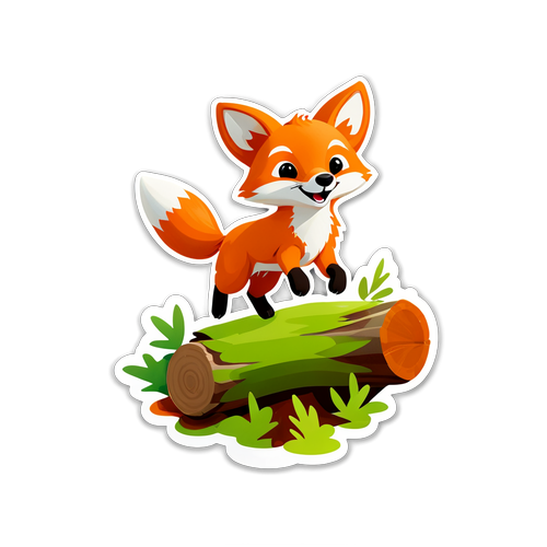 Playful Fox Jumping Over a Log Sticker