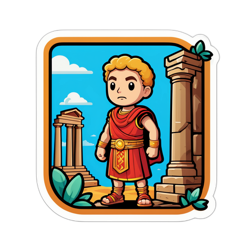 Un autocollant avec un personnage de jeu vidéo dans un cadre romain