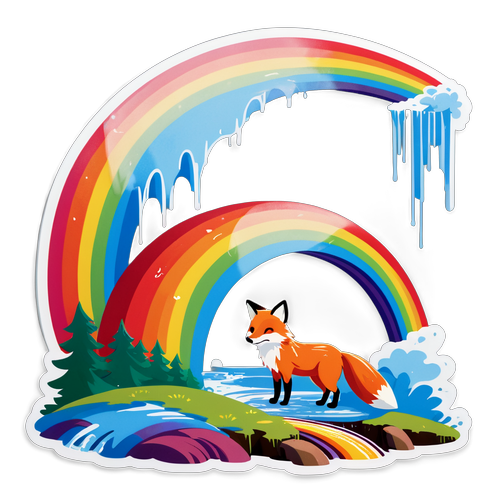 小狐狸站在彩虹桥上，背景有瀑布