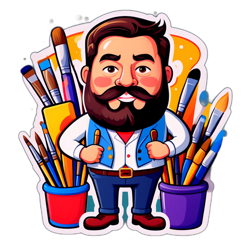 Matt Beard som tegneseriefigur i kunstnerstudio