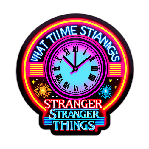 Sticker con la frase '¿A qué hora sale Stranger Things 5 en Argentina?' con fondo de luces de neón