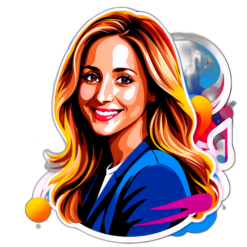 Lara Fabian met een stralende lach en een achtergrond van kleurrijke muzikale noten