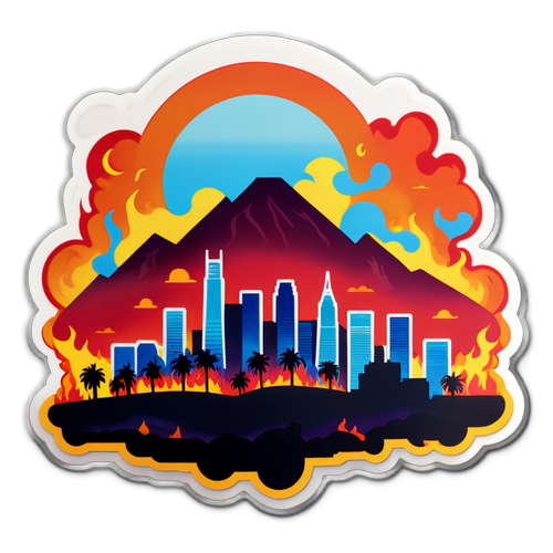 En livlig sticker med solnedgang over Los Angeles skyline