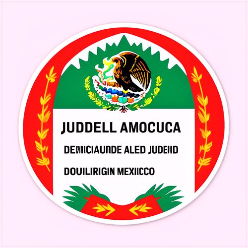 Sticker alusivo a la reforma judicial de México, con un documento legal y un fondo de edificios gubernamentales.