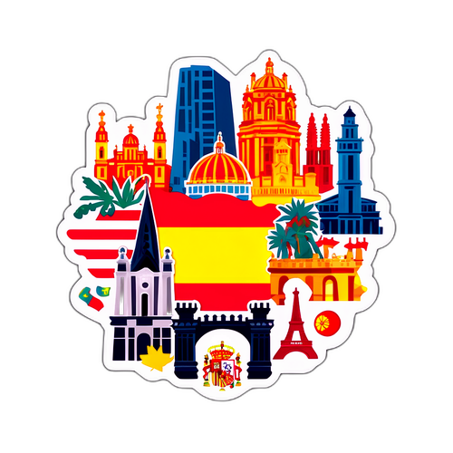 Spaniens flagga med kända landmärken