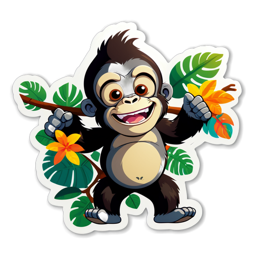 En söt tecknad gorilla som hänger från en gren