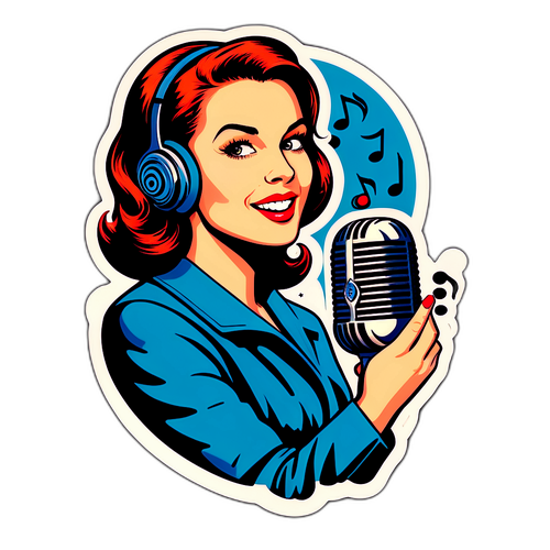 Retro styl Helena Vondráčková s mikrofonem a hudebními notami