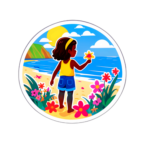 Γενεβιέβ στην παραλία με λουλούδια