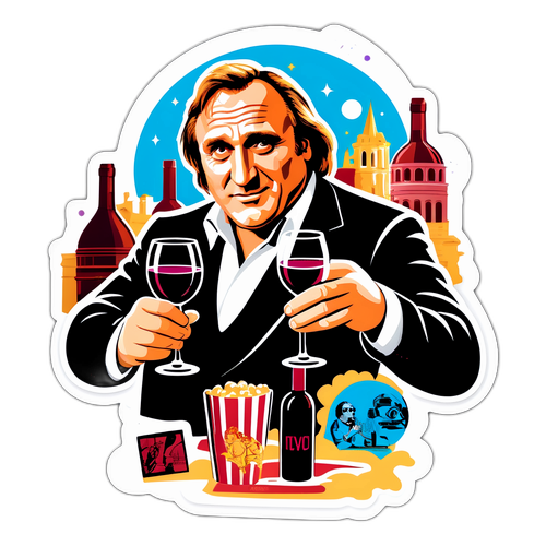 Autocollant dynamique de Gérard Depardieu avec un verre de vin