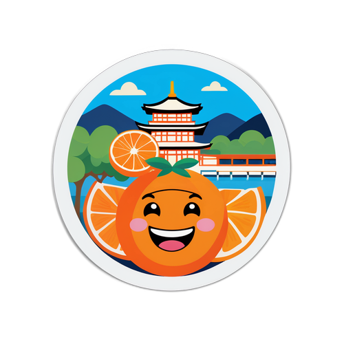 愛媛県の観光名所を背景にした笑顔の mandarin orange キャラクター