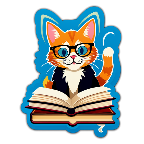 Наклейка с веселым котом в очках с книгой