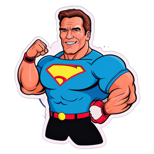 Kartonmainen potrettikuva Arnold Schwarzeneggerista supersankarin asennossa