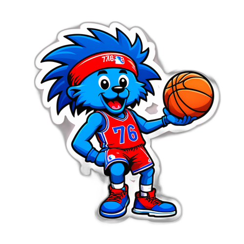 Uma representação engraçada do mascote dos 76ers jogando basquete