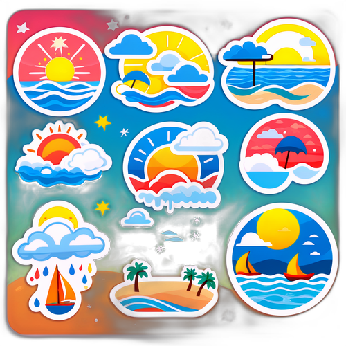 부산의 아름다운 해변을 배경으로 한 날씨 예보 스티커 세트