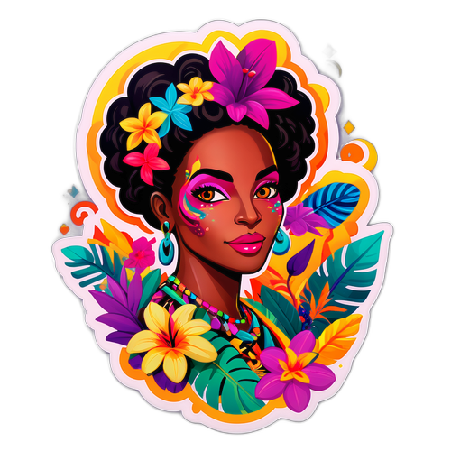 Portrait coloré de Preta Gil avec motifs musicaux