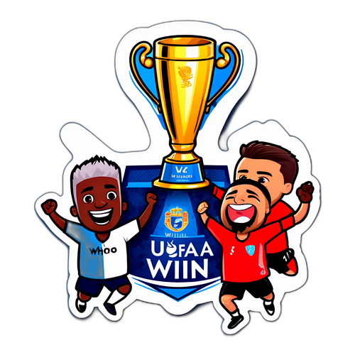 Sticker van een UEFA Conference League-trofee met komische personages die vieren, met de tekst 'Wie wint?'