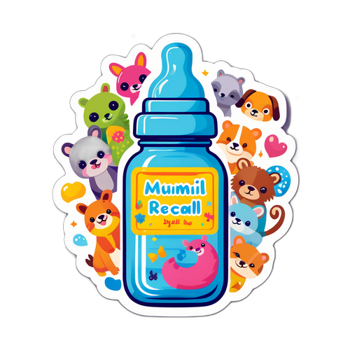Modern és színes illusztráció egy csecsemőüvegről 'Milumil formula recall' felirattal boldog állatokkal körülvéve