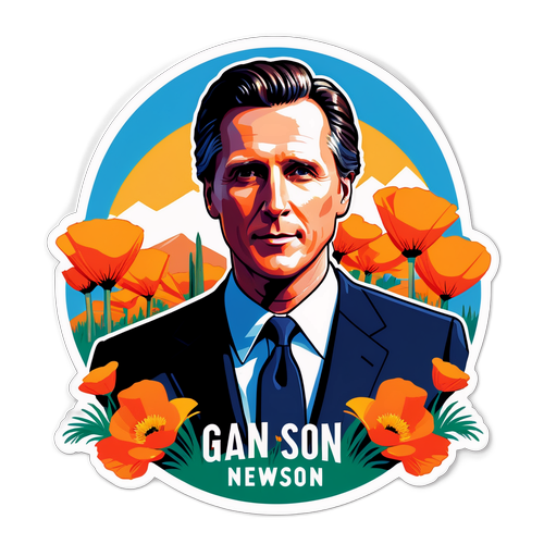Stilisert portrett av Gavin Newsom med kaliforniapoppies