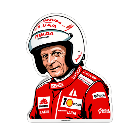 Sticker af Niki Lauda med hjelm og racerbilen i baggrunden
