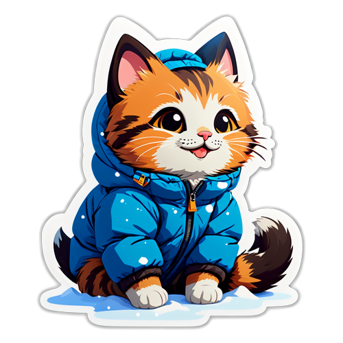 可爱的小猫穿着羽绒服坐在雪地里