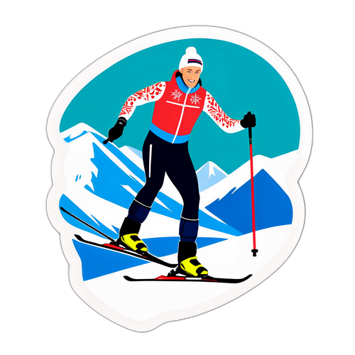 Voittoisa hiihtäjä talvimaisemassa