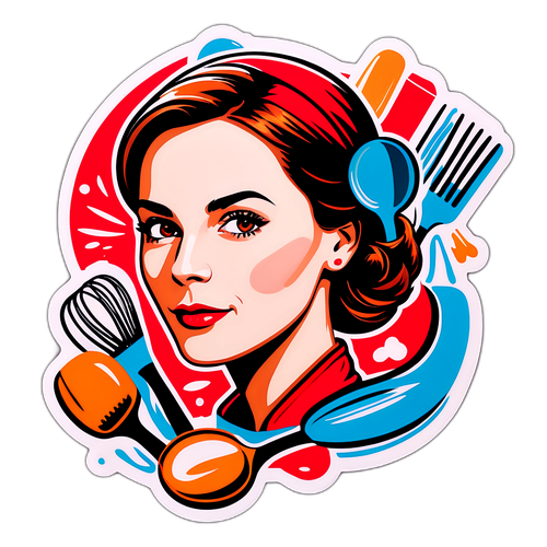 Portrait artistique de Julie Andrieu avec des ustensiles de cuisine