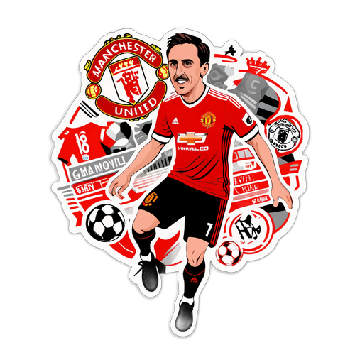 Illustration av Gary Neville i aktion med Manchester United-memorabilia