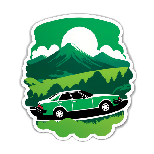 山道を走る車のシルエットと緑豊かな風景のステッカー