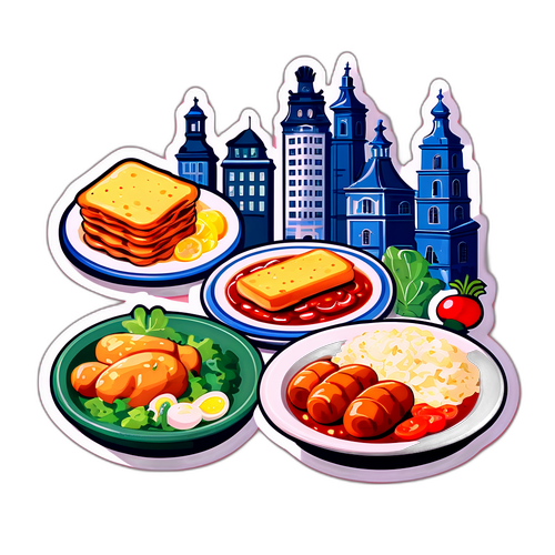 Ετικέτα με φιγούρες που τρώνε πολωνικά πιάτα στο κέντρο της πόλης