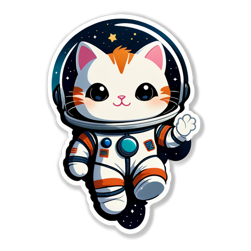 可爱的小猫穿着宇航服漂浮在太空中贴纸