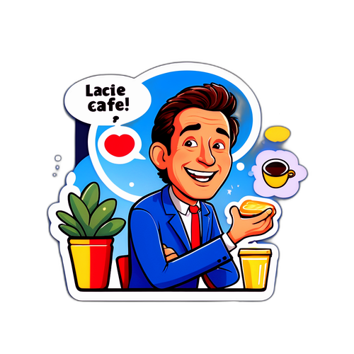Een cartoonachtige afbeelding van Laurent Gerra in een café