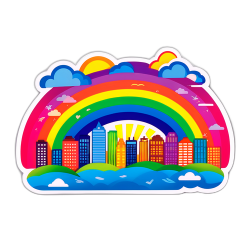 Kleurrijke Regenboog boven een Stad