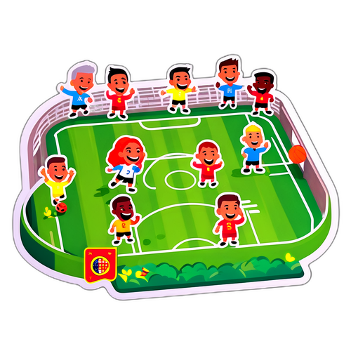 Trường bóng đá với những nhân vật hoạt hình ăn mừng bàn thắng